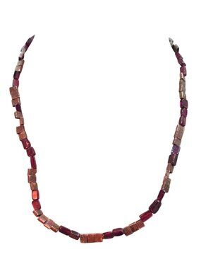 Vintage Red & Silver Beaded Necklace With Flower Clasp Rectangular Beads